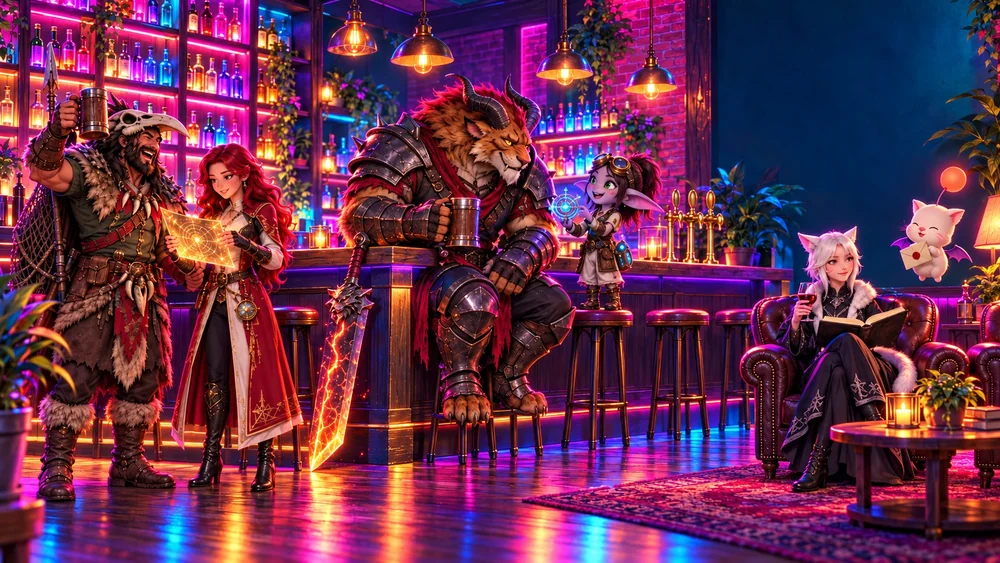 A cartoon pub at night lit by pink and blue neon: a hunter and a red-haired cartographer by the bottle shelves, a horned lion warrior and a tiny long-eared inventor at the bar, a cat-eared woman reading in an armchair with a moogle floating beside her